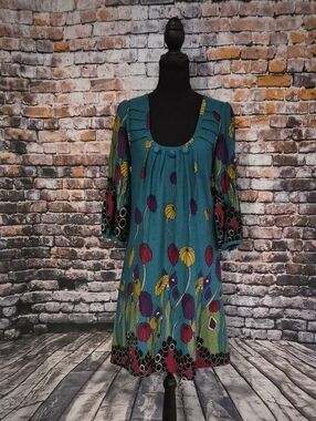 Funky People Vintage Retro Teal Floral Scoop-Neck Sweater Dress